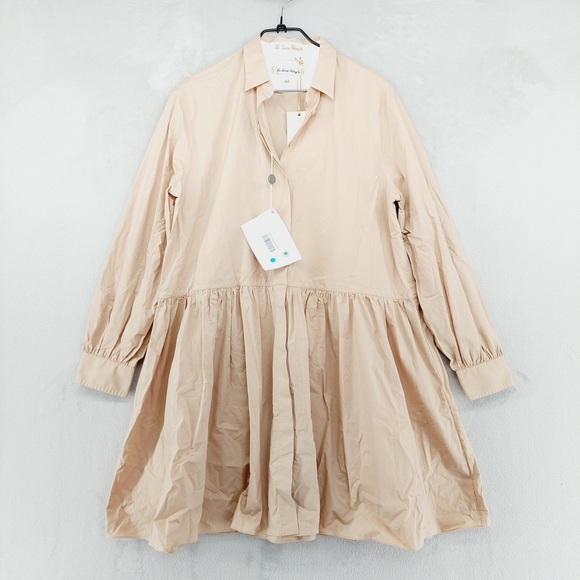 Le Sarte Pettegole Dresses & Skirts - NEW Le Sarte Pettegole Tan Button Pleated Waist Long Sleeve Midi Dress P3975
